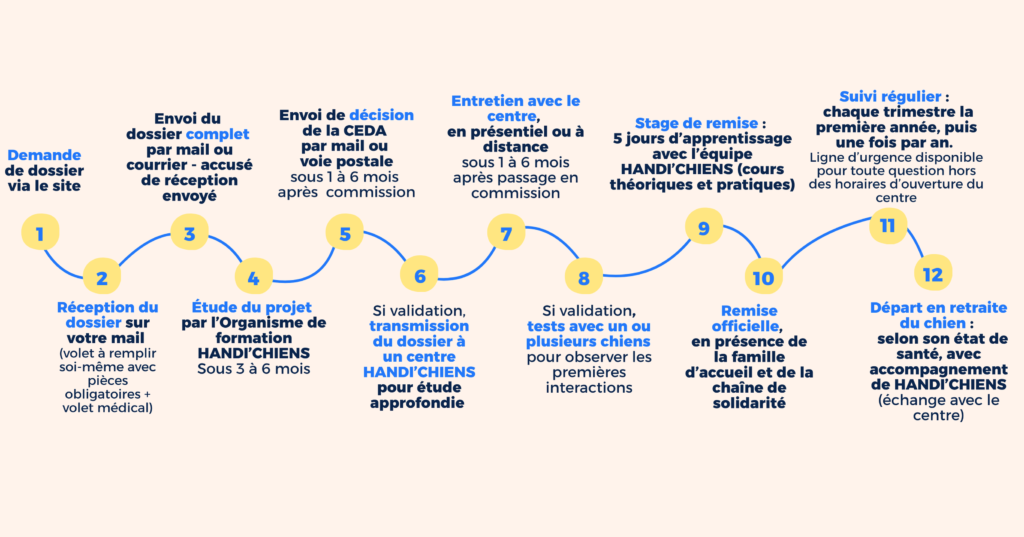 Voici les grandes étapes du parcours : 1 Demande de dossier via notre site 2 Réception du dossier par mail (volet à remplir soi-même avec pièces obligatoires + volet médical) 3 Envoi du dossier complet au siège de l’association 4 Accusé de réception par mail 5 Sous 3 à 6 mois, étude du dossier par l'organisme de formation HANDI'CHIENS 6 Si validation, envoi de la décision par mail et transmission du dossier à un centre HANDI’CHIENS pour étude approfondie (sous 1 à 6 mois après passage en commission) 7 Entretien avec le centre, en présentiel ou à distance (sous 1 à 6 mois après passage en commission) 8 Si validation, tests avec un ou plusieurs chiens pour observer les premières interactions (pour cette étape, le délais dépendra des chiens en formation et du profil du bénéficiaire, l'objectif étant de former des binômes au sein desquels l'humain et le chien s'épanouissent. 9 Stage de remise : 5 jours d’apprentissage avec l’équipe éducative (cours théoriques et pratiques) - 2 par an par centre (les frais d'hébergement et de repas de stage sont à la charge des stagiaires) 10 Remise officielle du chien, en présence de la famille d’accueil du chien et de la chaîne de solidarité 11 Suivi régulier : chaque trimestre la première année, puis une fois par an. Ligne d’astreinte disponible pour toute question. 12 Départ en retraite du chien, selon son état de santé, avec accompagnement de HANDI’CHIENS