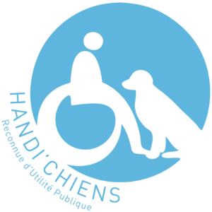 Logo HANDI'CHIENS Bleu et blanc avec la silhouette d'un chien et d'une personne en fauteuil