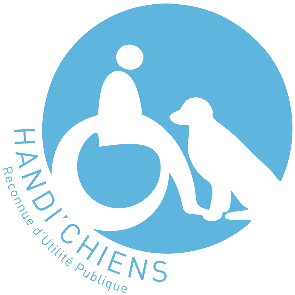 Logo HANDI'CHIENS Bleu et blanc avec la silhouette d'un chien et d'une personne en fauteuil
