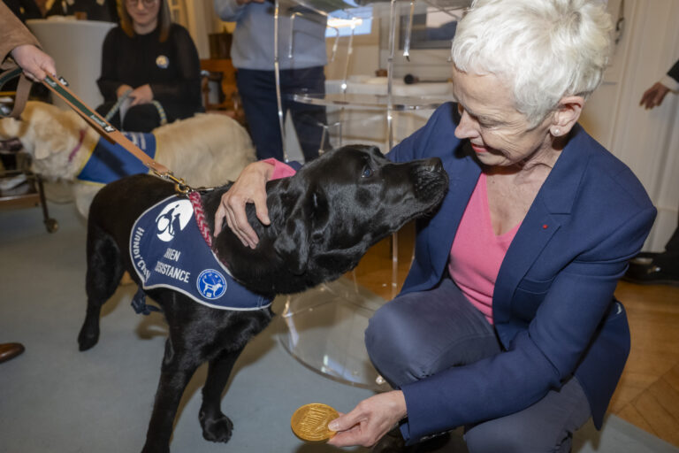 Décoration par Brigitte Klinket, Questeure, de TOBY 500e Chien d’Assistance à mission collective de l’Association Handi’Chiens présidée par M. Robert Kohler, à l'Assemblée nationale le 26 mars 2025.